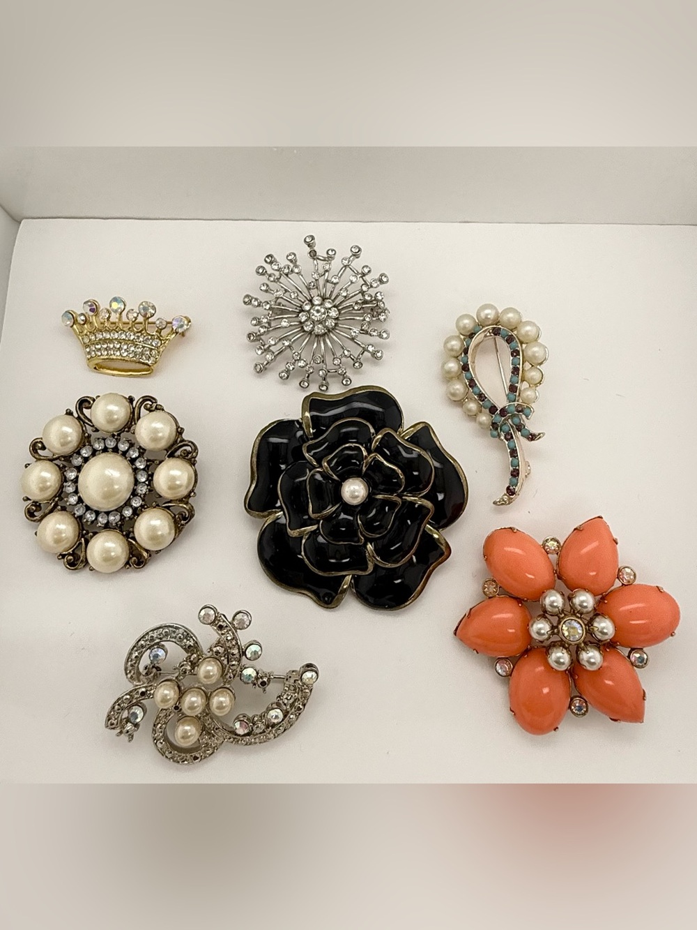 Estate Brooch Lot AB Rhinestone Flower Black Enamel Flower Brooch Pearl